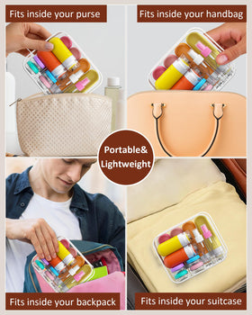 Quatish packed toiletry set inside carry-on to maximize space