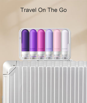 Quatish bottles packed in toiletry bag illustrating organized travel benefit