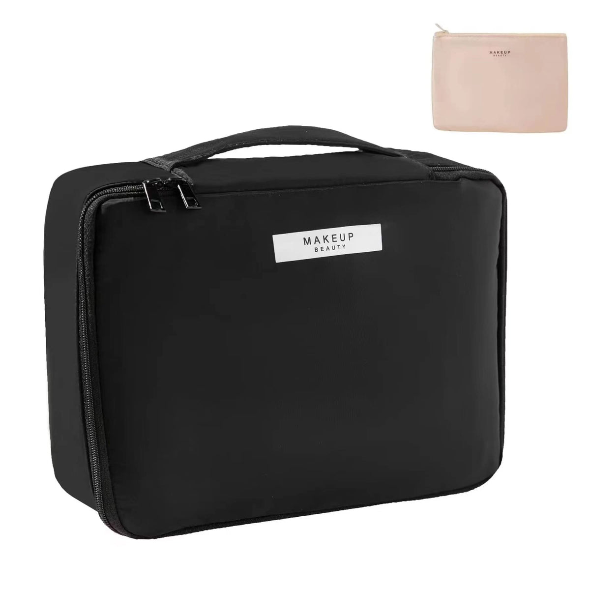 Queboom black front view showing compact travel-ready organizer and neat storage