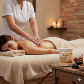 Queen Helene jar on spa towel creating relaxing almond-scented atmosphere