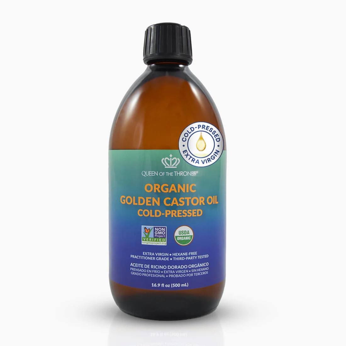 QUEEN OF THE THRONES front bottle showing organic castor oil benefits