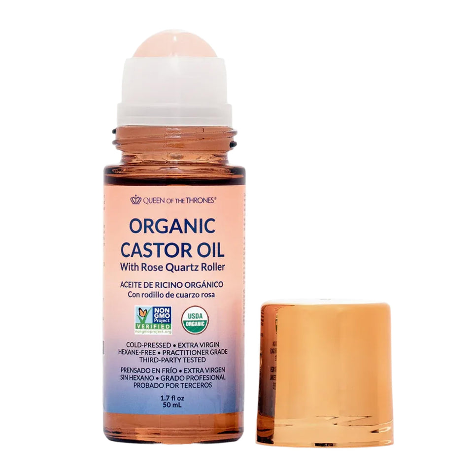 QUEEN OF THE THRONES roll-on front view showing compact glass bottle and label benefits