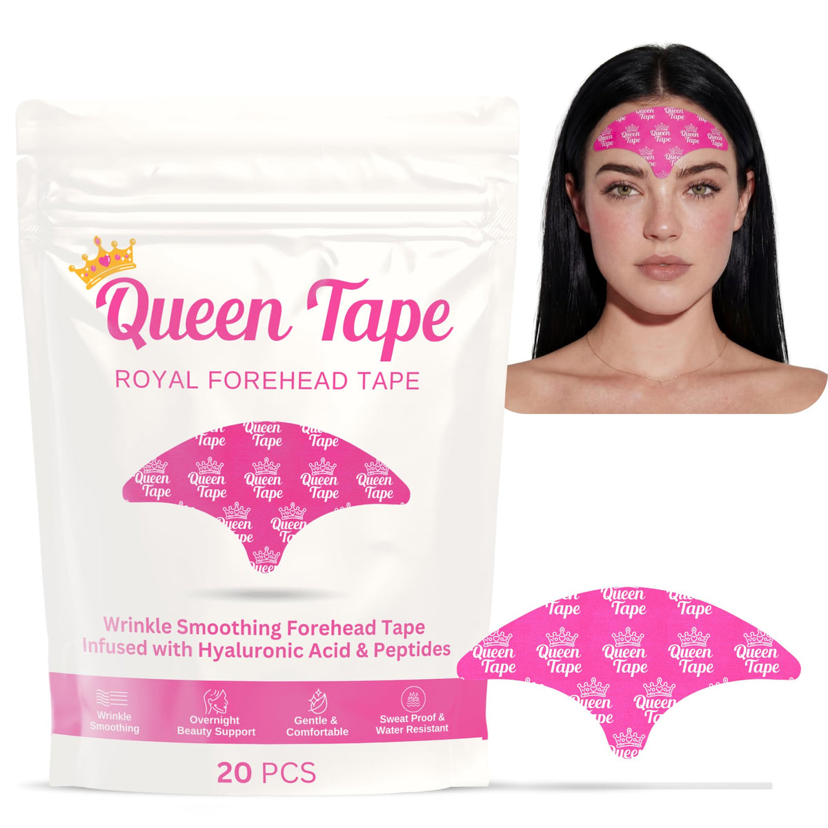 Queen Tape front packaging showing product and benefits for smoother forehead