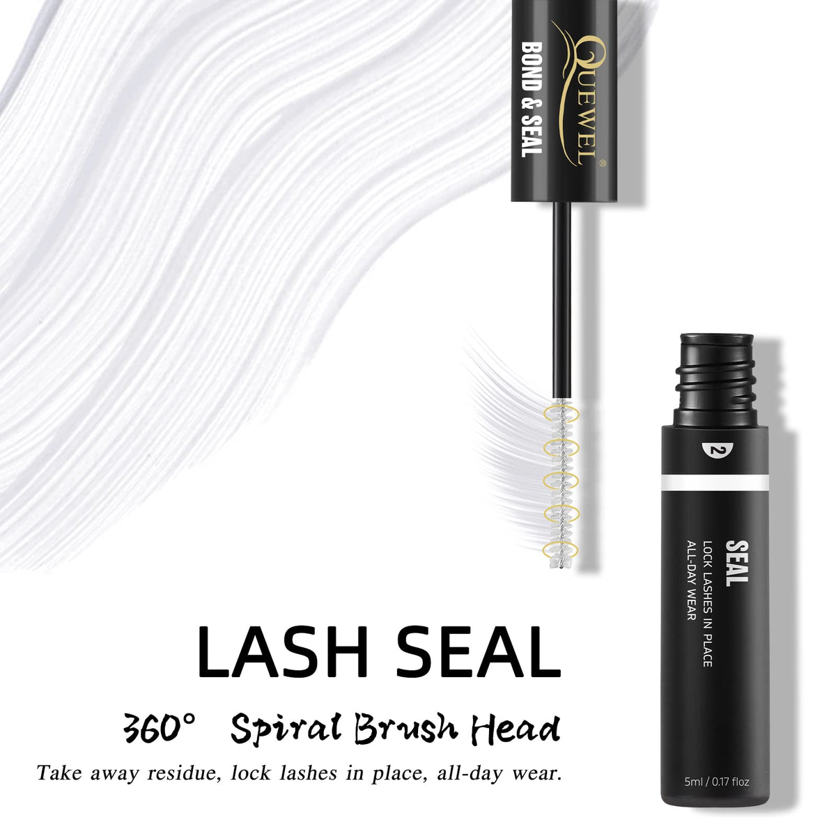 QUEWEL spiral brush applicator close-up for smooth, clump-free adhesive application