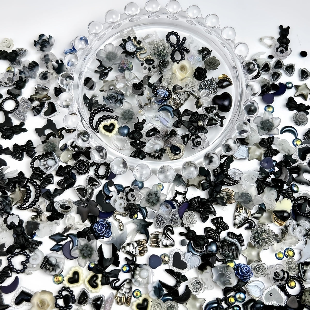Quezadyl hollow pearls and heart charms showing texture and layering potential
