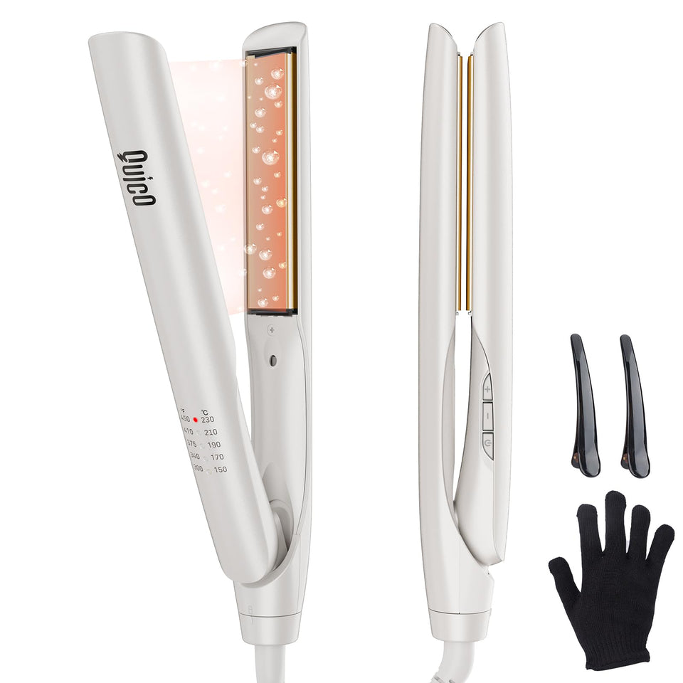 QUICO hair straightener front view showing compact design and benefits