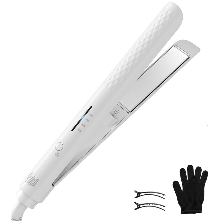 QUICO front view showing sleek white travel flat iron and accessories for convenience
