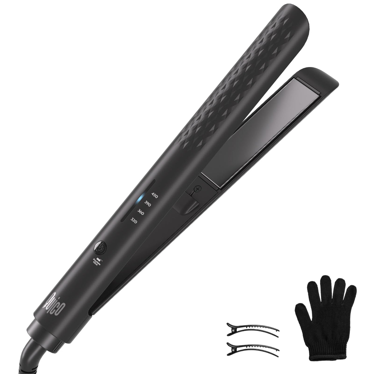 QUICO front view showing compact black flat iron and controls for travel convenience