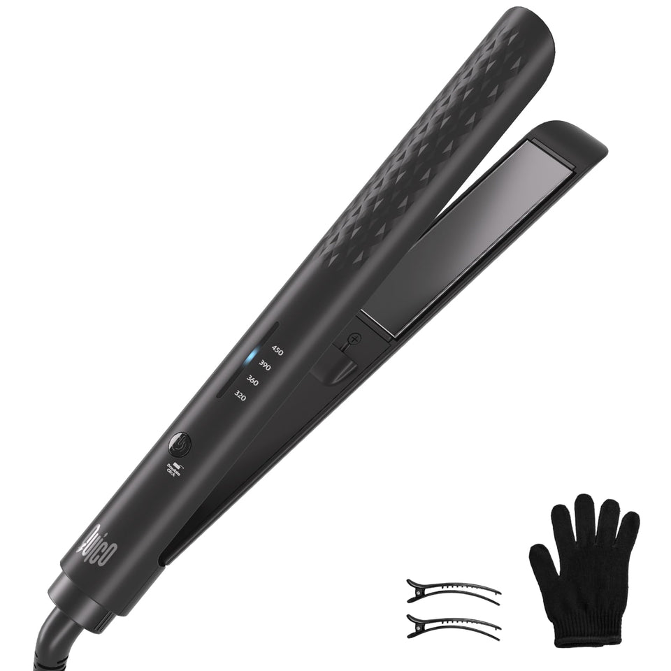 QUICO front view showing compact black flat iron and controls for travel convenience