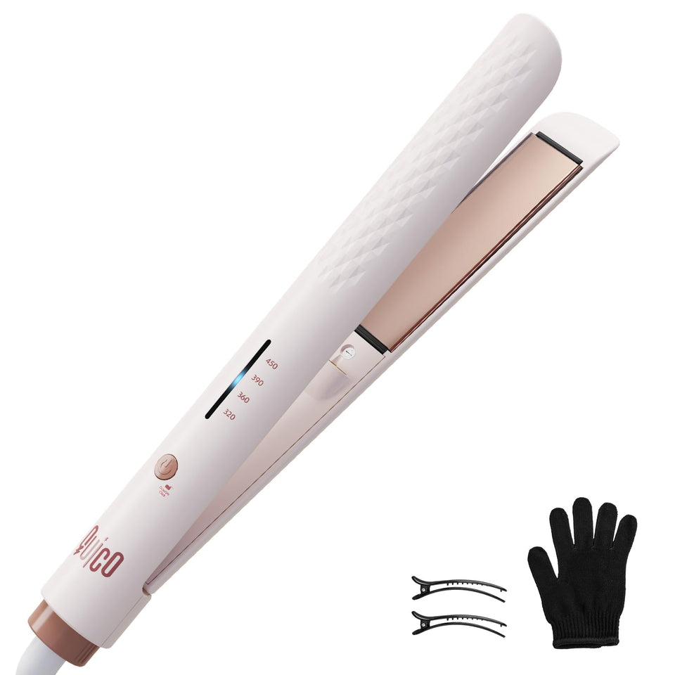 QUICO front view pink flat iron showing compact travel-friendly design