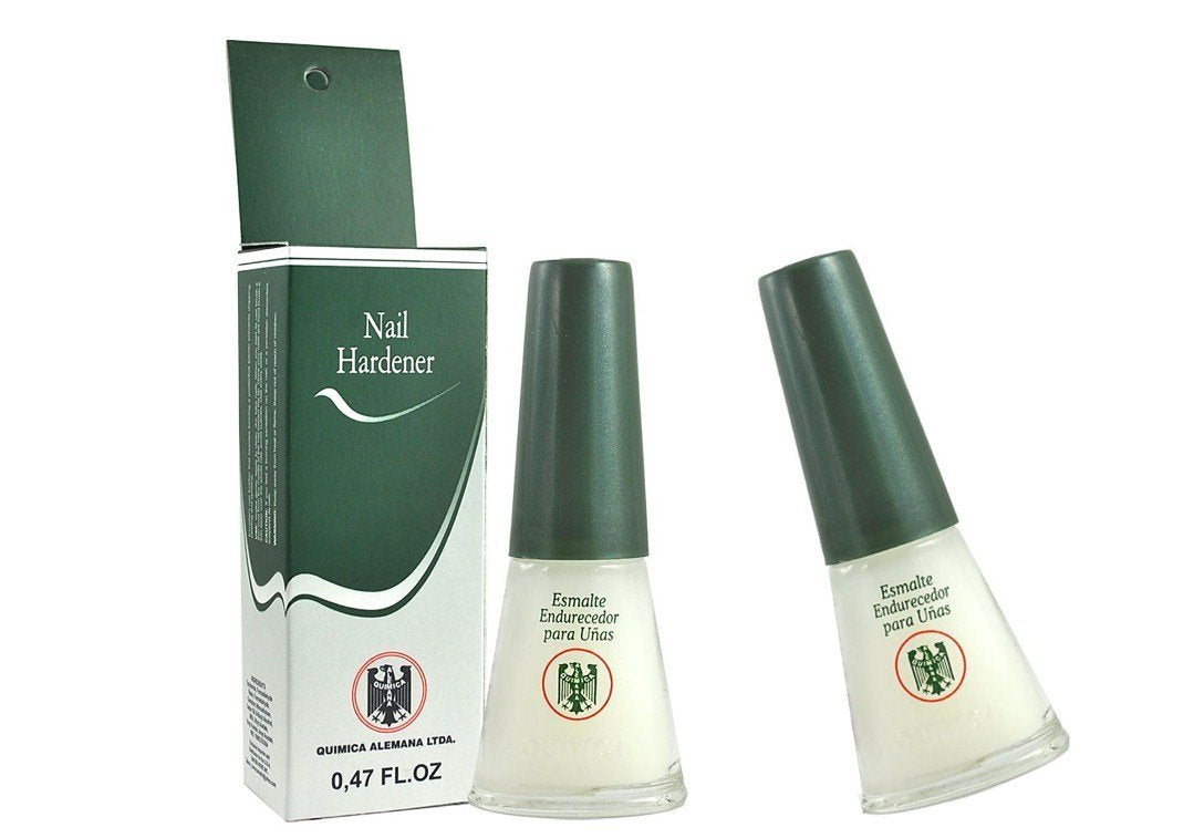 Química Alemana bottle front packaging showing clear hardener and size benefit
