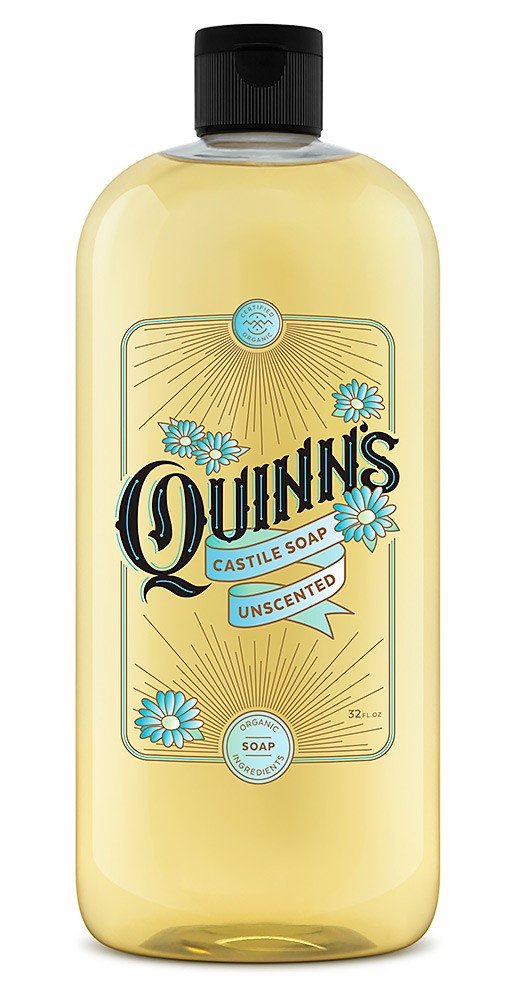 Quinn's front label of 32 oz bottle showing organic unscented benefits