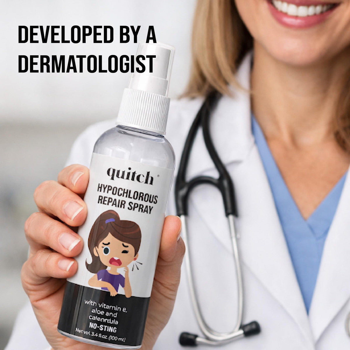 quitch bottle on piercing studio counter with tools, benefit: professional-ready aftercare