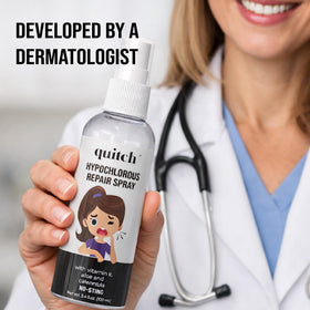 quitch bottle on piercing studio counter with tools, benefit: professional-ready aftercare