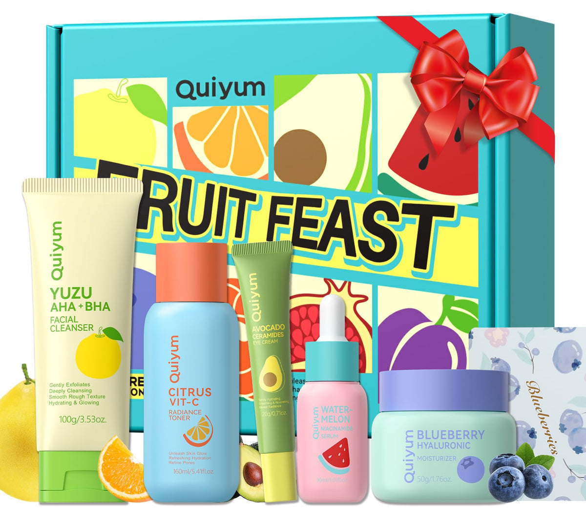 QUIYUM front packaging showing five-piece teen skincare set and gift-ready design
