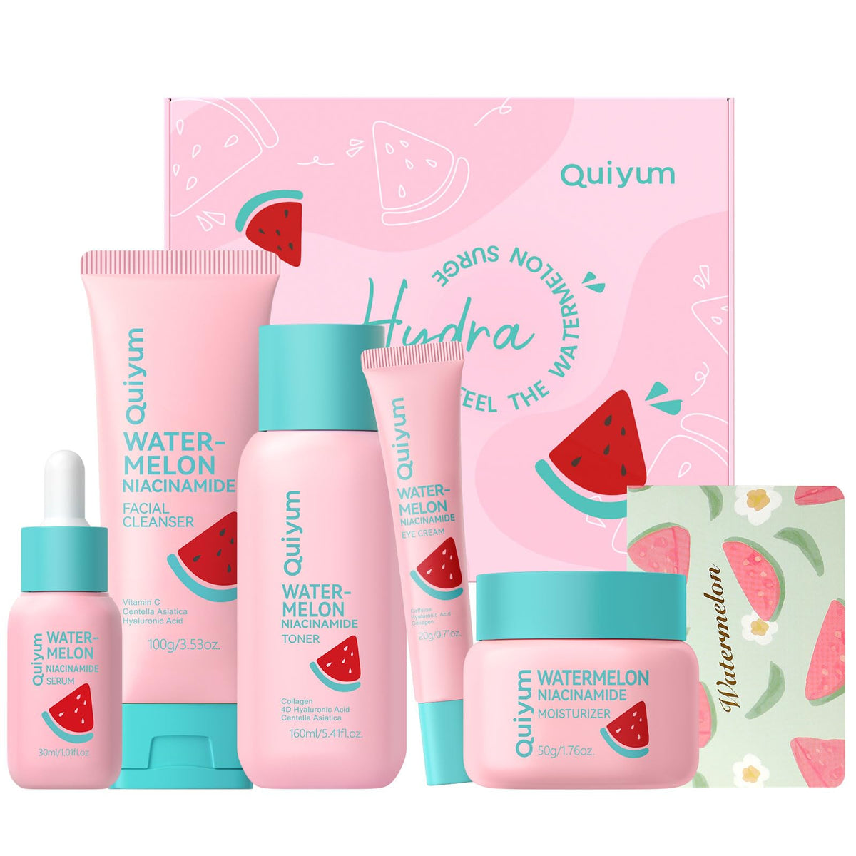 QUIYUM front packaging showing full 5-piece watermelon skincare set and bright presentation
