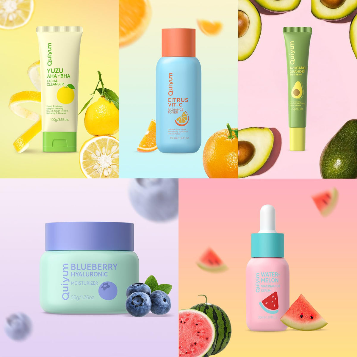 QUIYUM products arranged on a vanity styled for daily morning and evening use