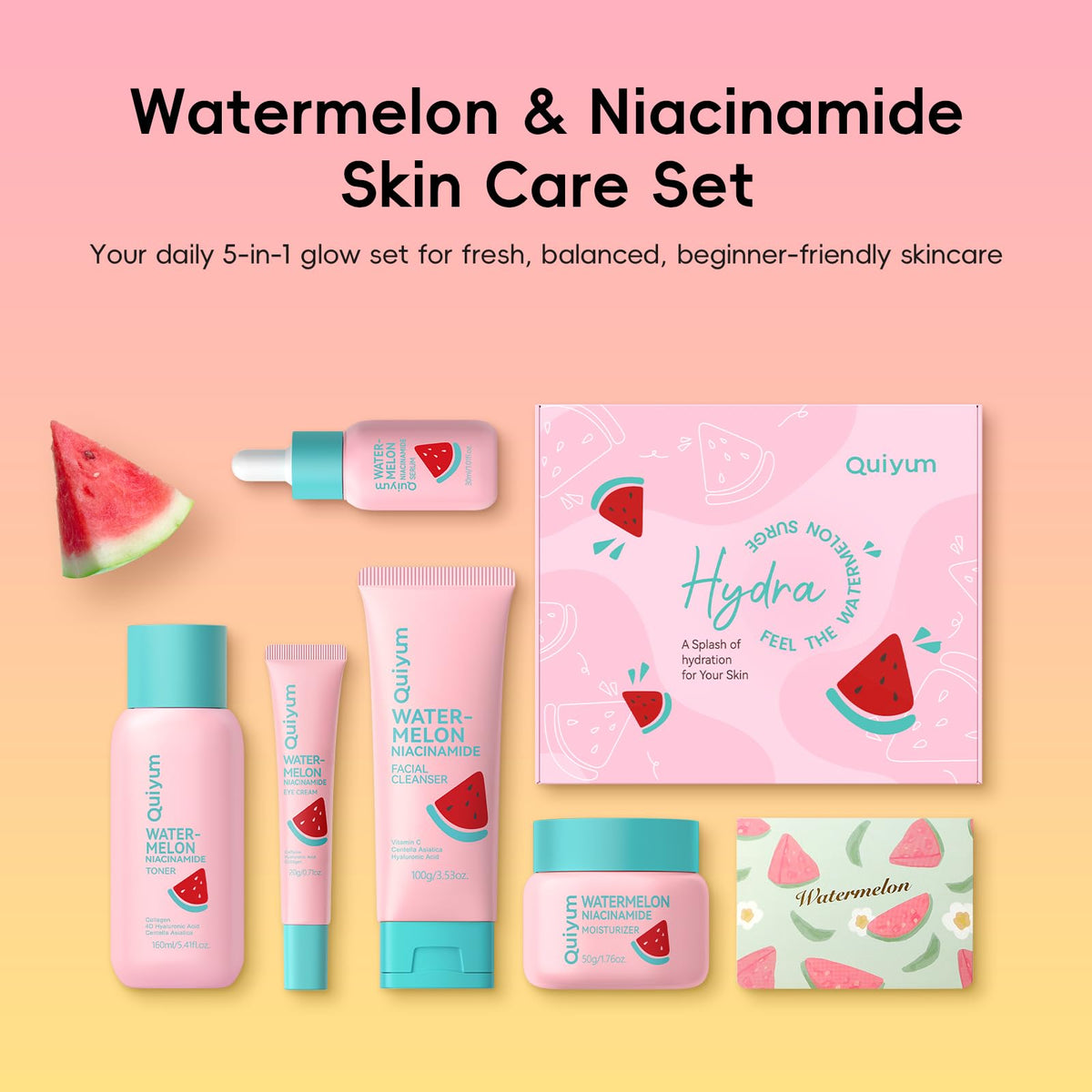 QUIYUM serum bottle close-up highlighting watermelon niacinamide concentrate for radiant skin