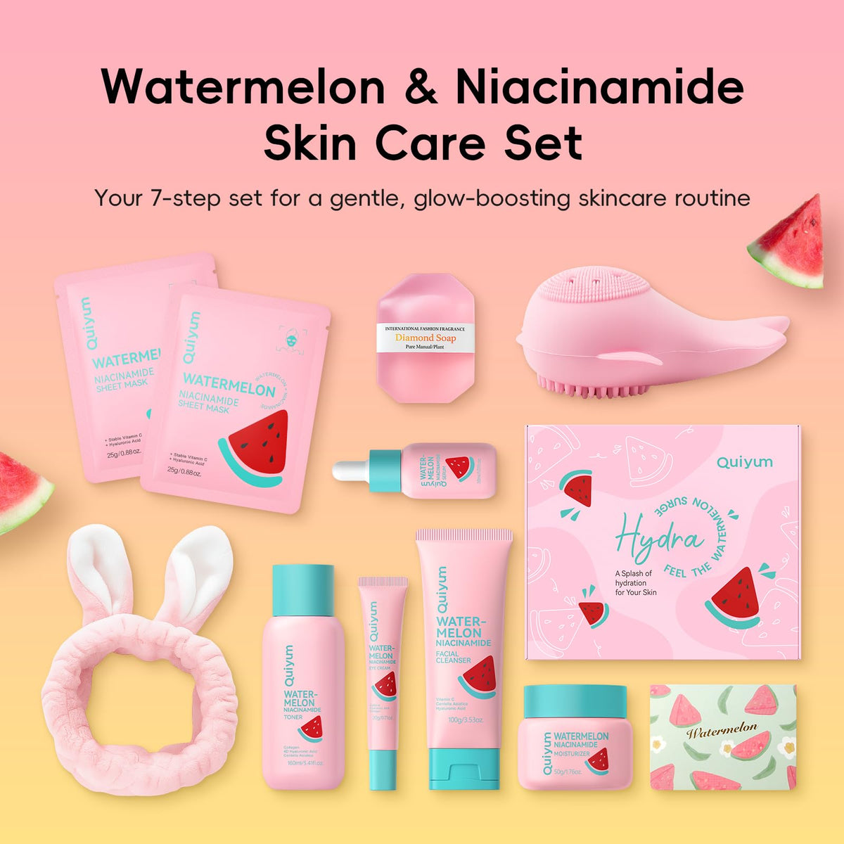 QUIYUM watermelon serum dropper releasing hydrating texture for dewy skin