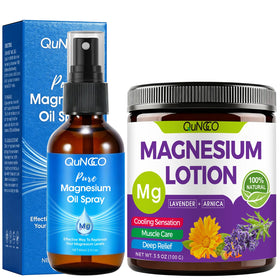 QUNGCO front packaging showing the magnesium spray and lotion for convenient relief