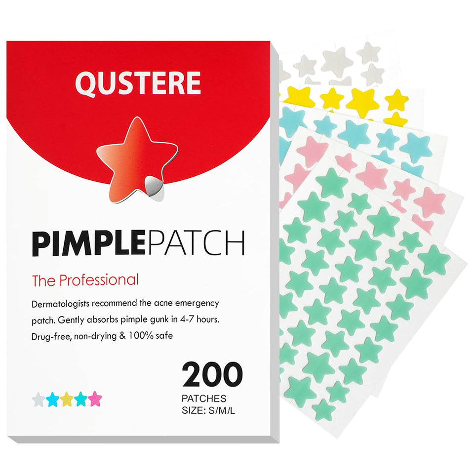 QUSTERE front packaging showing 200 colorful star patches and sizes, clear benefits