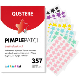 QUSTERE front packaging showing colorful hydrocolloid pimple patches and count