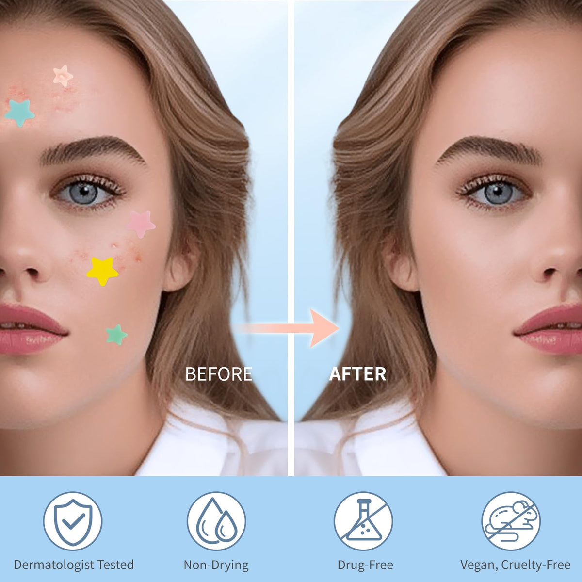 QUSTERE patch applied to cheek demonstrating coverage and discreet protection benefit