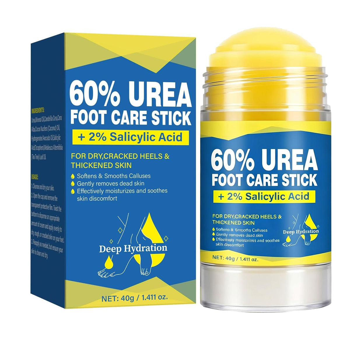 QVCQ front packaging of foot cream stick showing product benefits and compact size