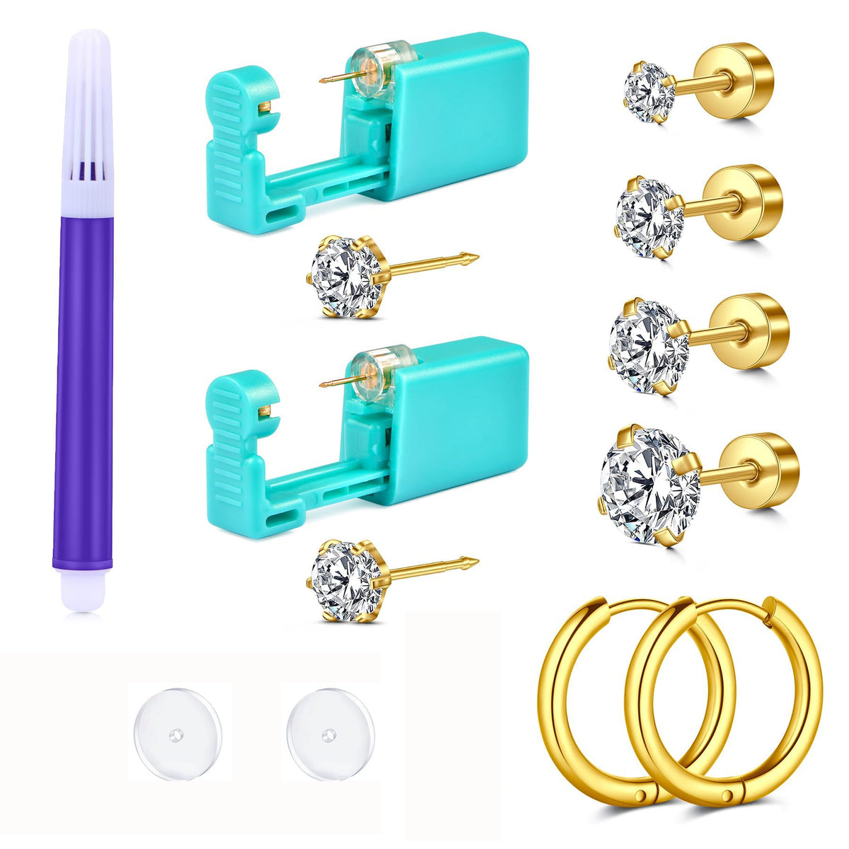 QWALIT polished stainless steel piercing gun front view showing ready gold studs benefit fast setup