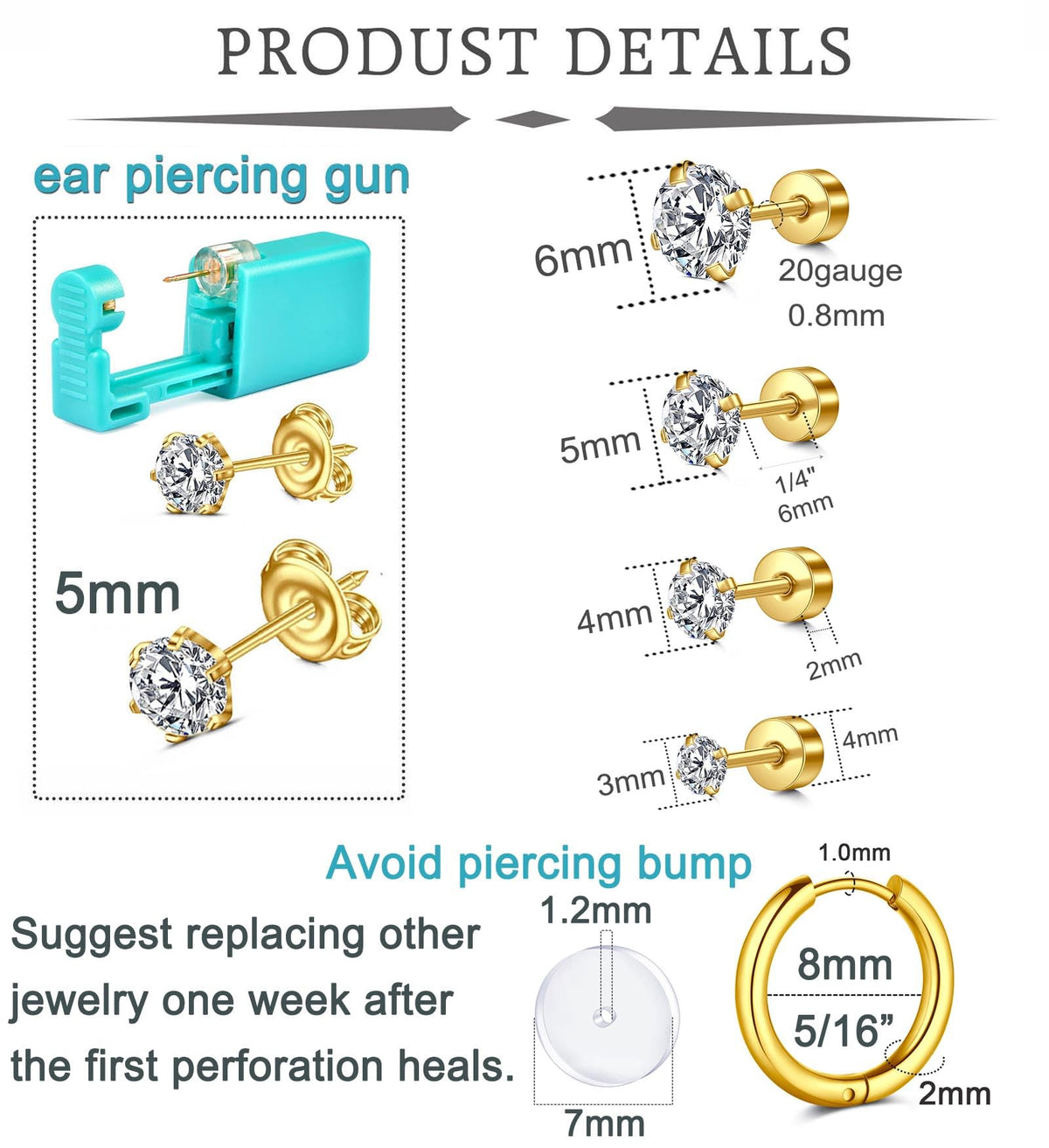QWALIT assorted gold 20G studs and 8mm hoop displayed for size choices and immediate wear
