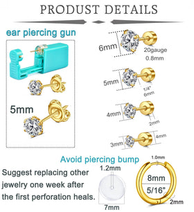 QWALIT assorted gold 20G studs and 8mm hoop displayed for size choices and immediate wear