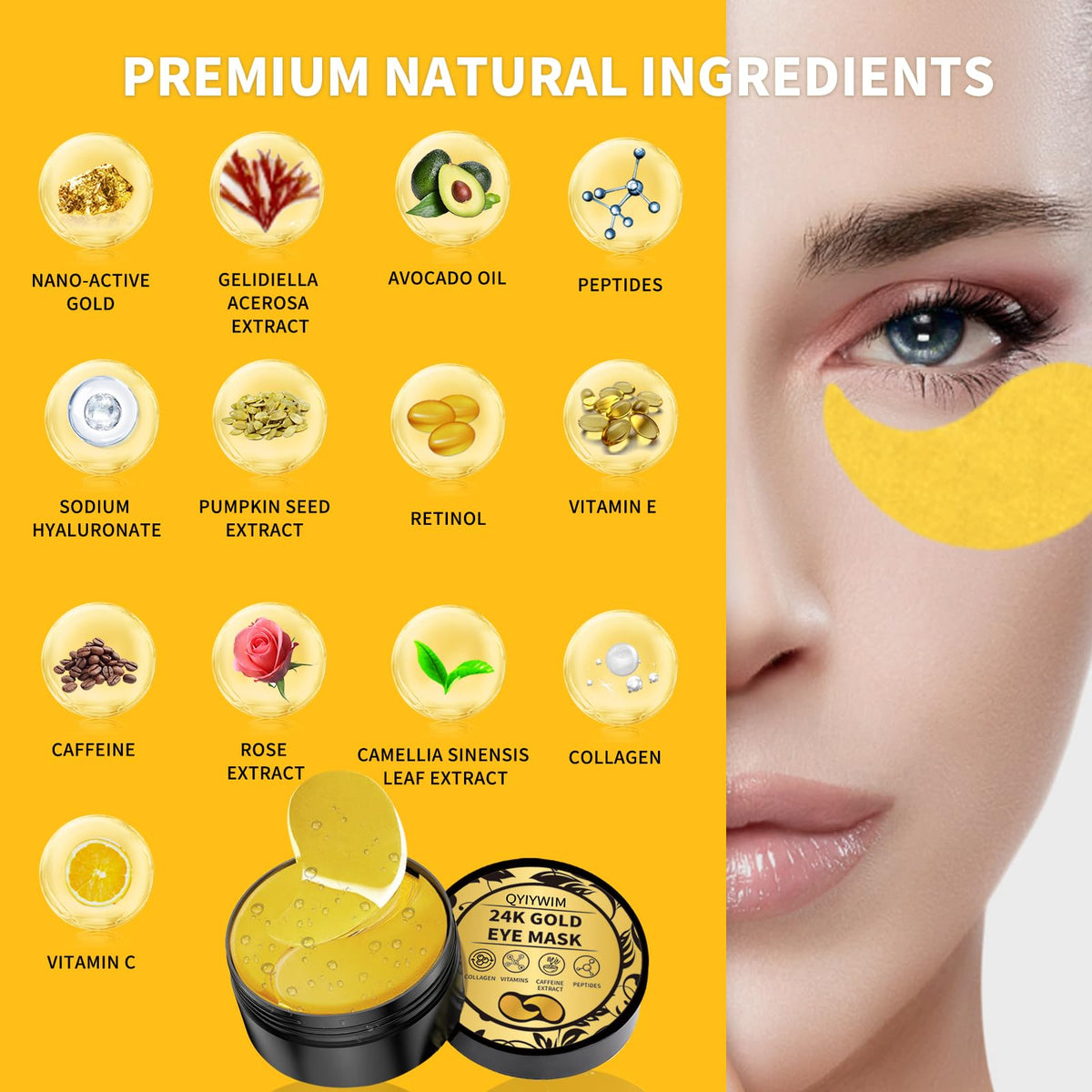 Qyiywim ingredient display with gold and pumpkin seed benefits