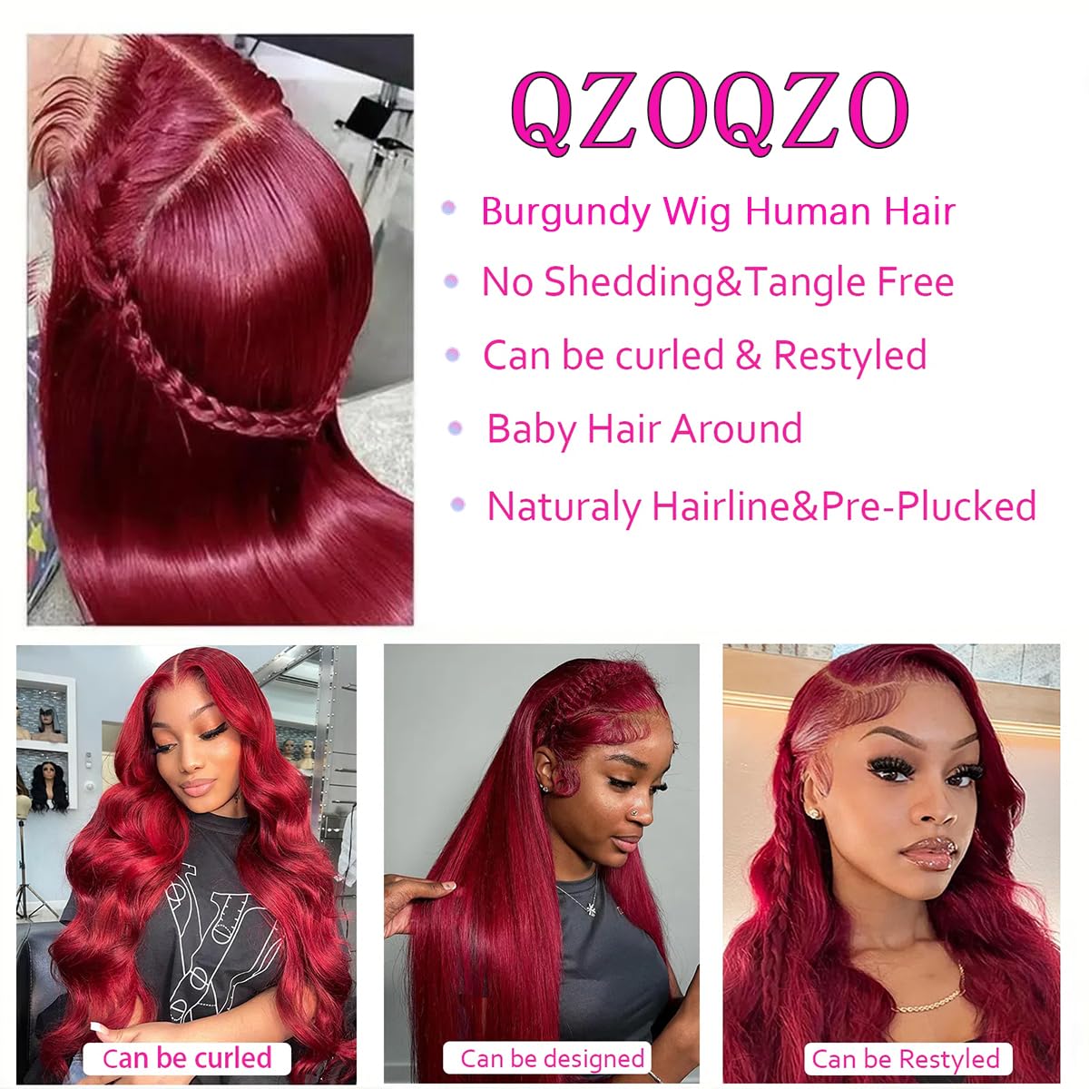 QZOQZO side profile showing body wave bounce and rich burgundy color benefits