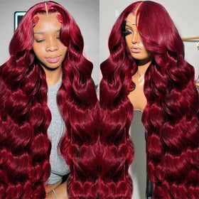 QZOQZO front view 99J burgundy lace front wig shows natural hairline and full length benefit