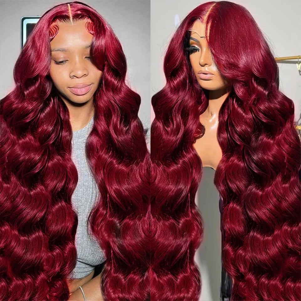 QZOQZO front view 99J burgundy lace front wig shows natural hairline and full length benefit