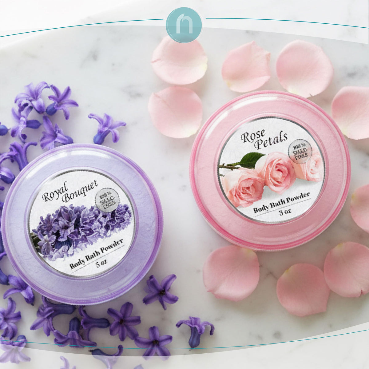 R-NEU Royal Bouquet close-up of label and powder indicating rich floral aroma