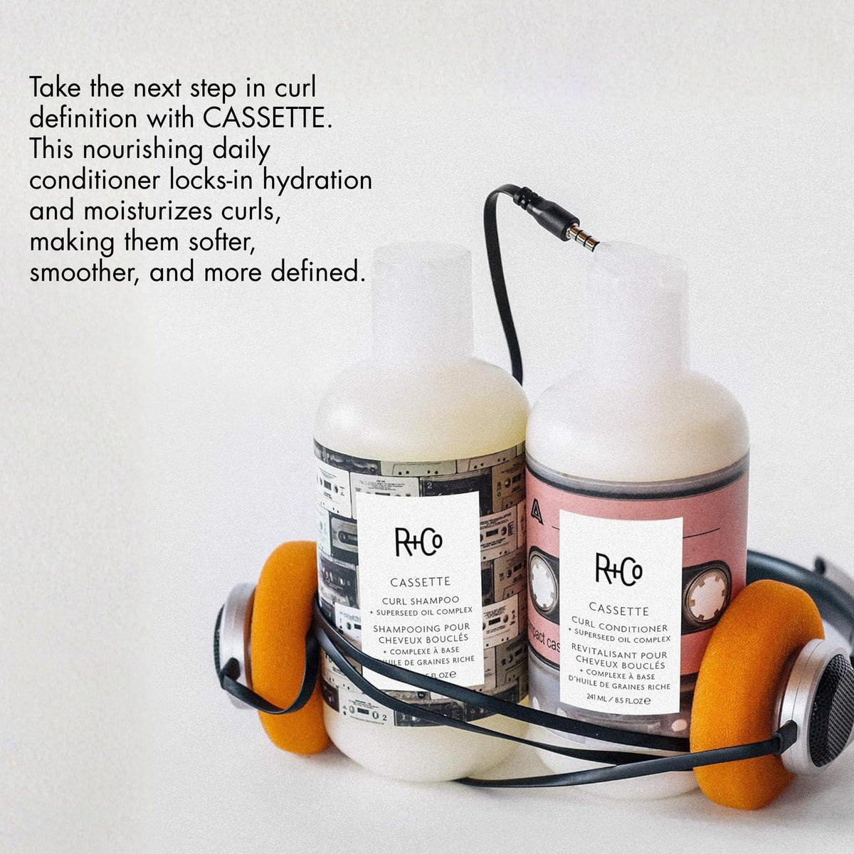 R+Co Cassette pump and label detail highlighting ingredient transparency