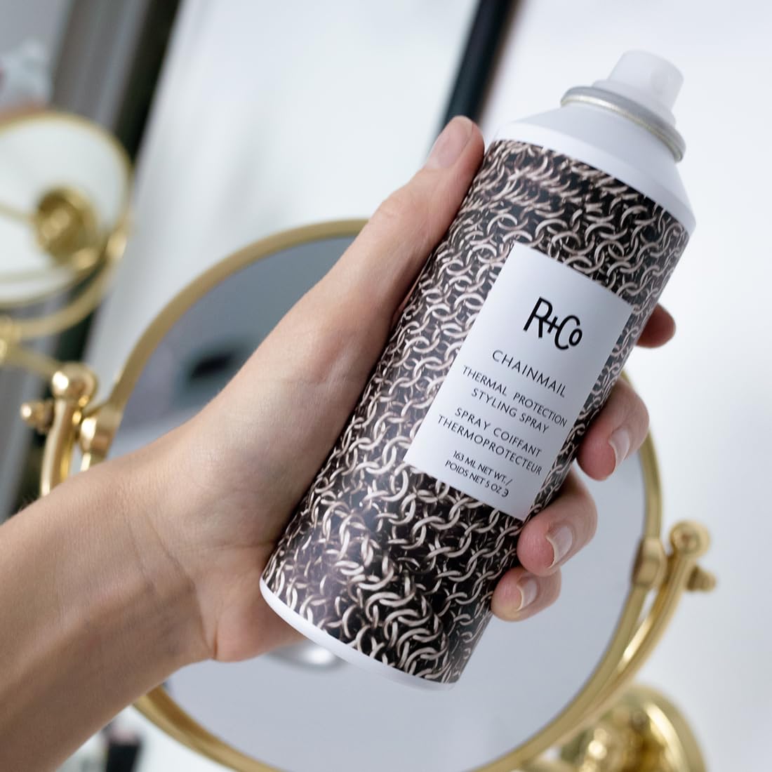 R+Co Chainmail fine mist closeup demonstrating even, lightweight application benefit
