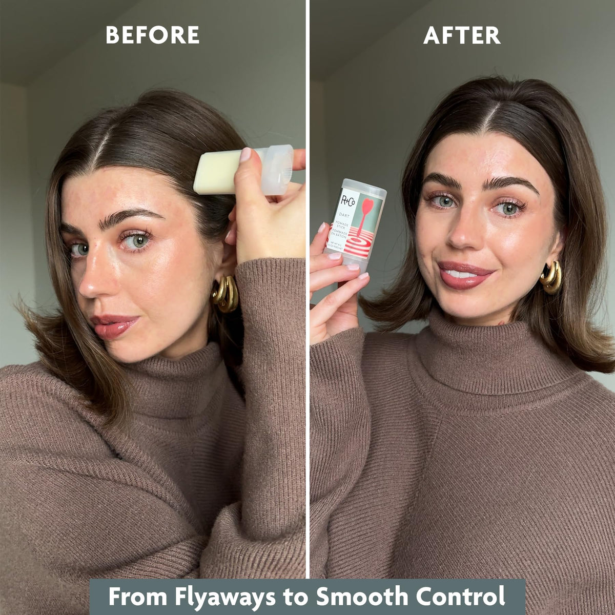 R+Co Dart before and after styling comparison showing improved texture and shine