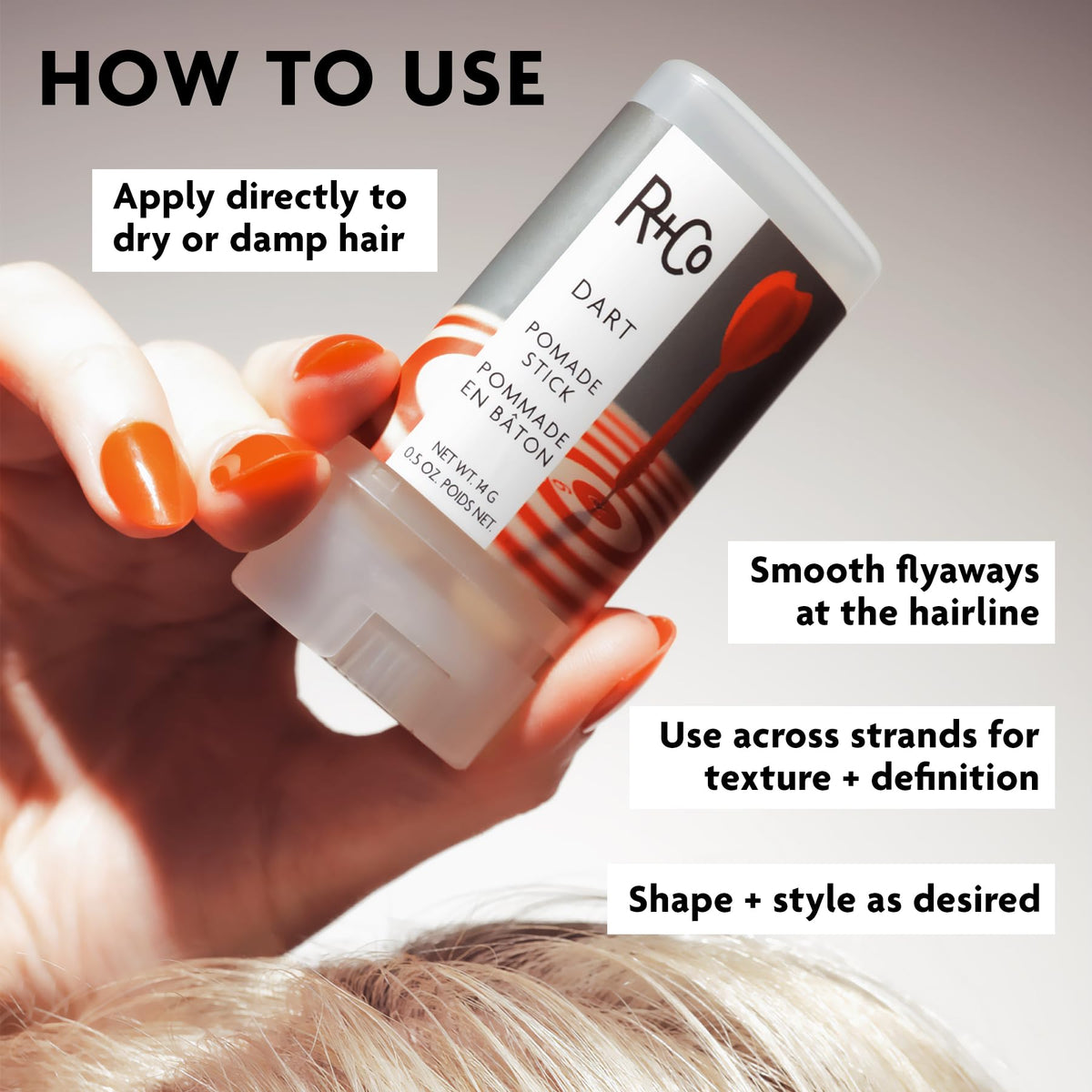 R+Co Dart on bathroom vanity in lifestyle shot highlighting everyday styling use