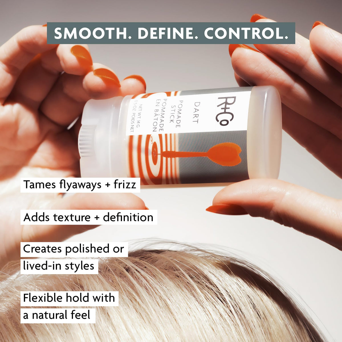 R+Co Dart open cap close-up displaying product tip and easy direct application benefit