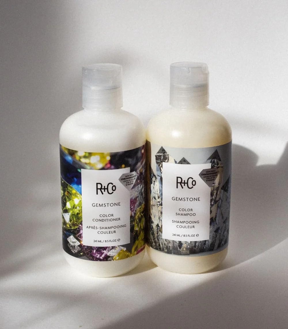 R+Co Gemstone in-shower use on wet hair showing gentle cleansing benefit