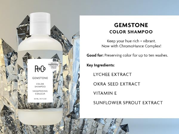 R+Co Gemstone shampoo pump close-up highlighting easy dispensing benefit
