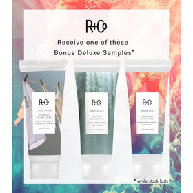 R+Co Gemstone two bottles with sample beside a hand for size benefit