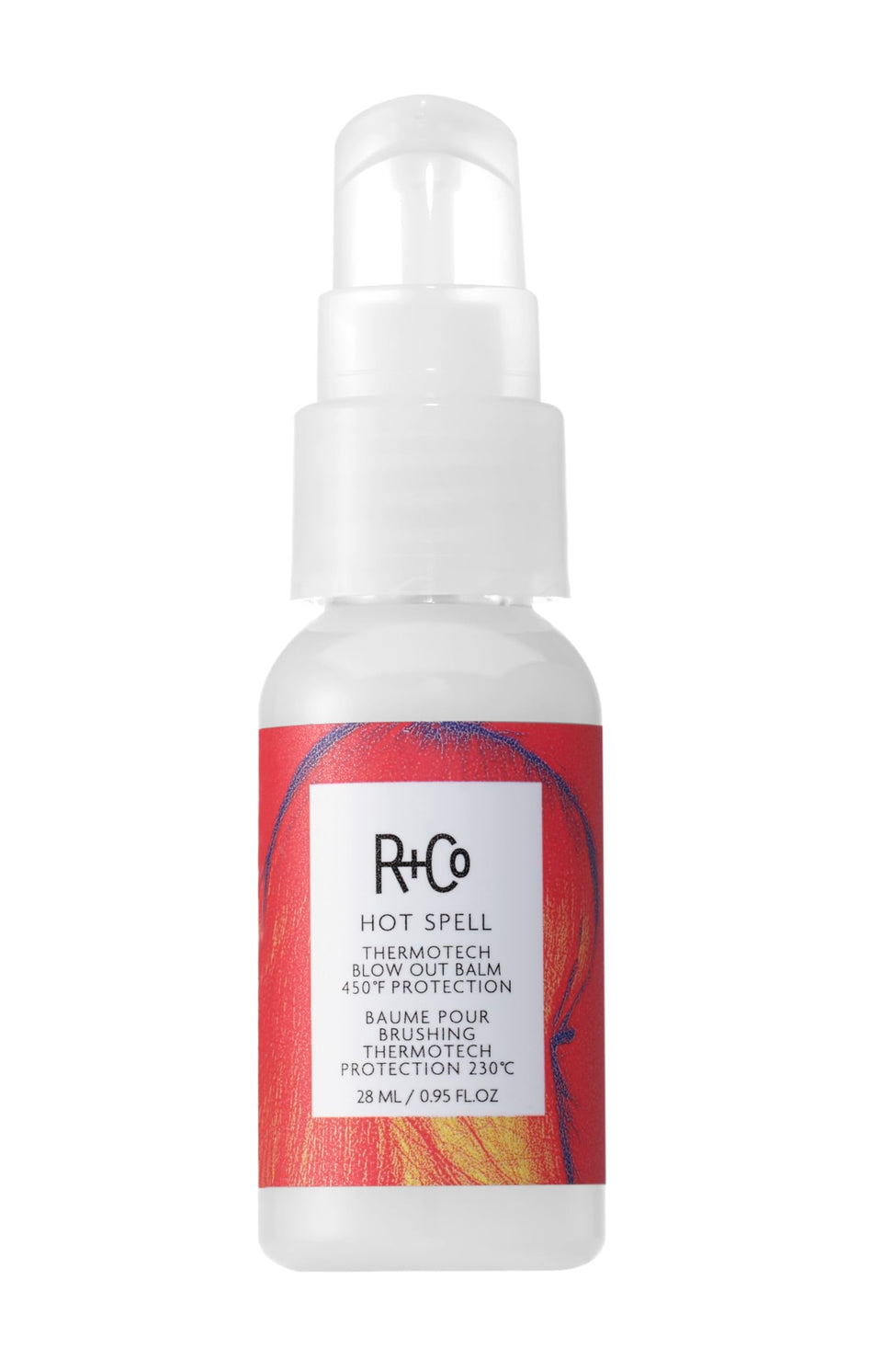 R+Co Hot Spell front bottle view showing packaging and size, highlights travel-friendly benefit