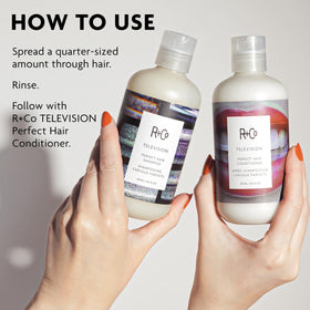 R+Co bottle on bathroom shelf styled for a clean lifestyle aesthetic