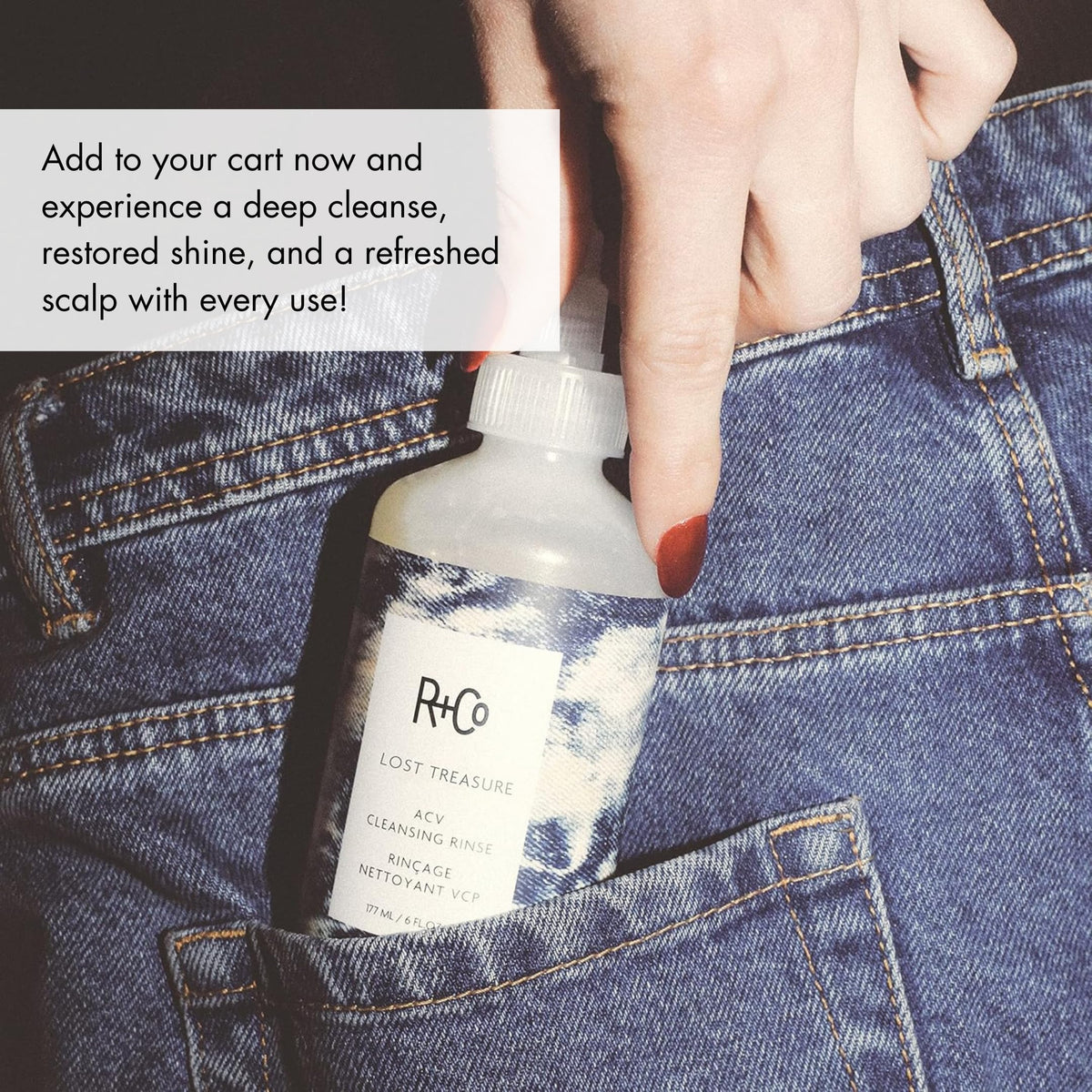 R+Co 177 ml bottle next to a common object showing size and travel-friendly benefit