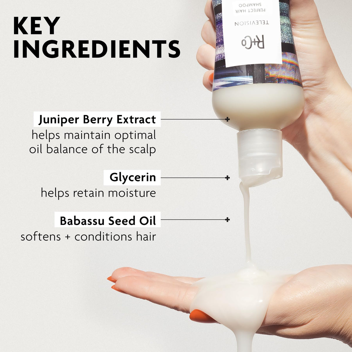 R+Co shampoo being poured into hand showing lightweight consistency