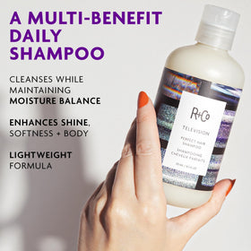 R+Co shampoo lather texture close-up demonstrating gentle foam