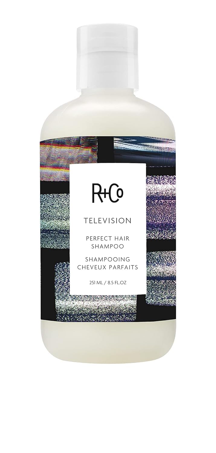 R+Co front bottle displaying Television Perfect Hair Shampoo benefits